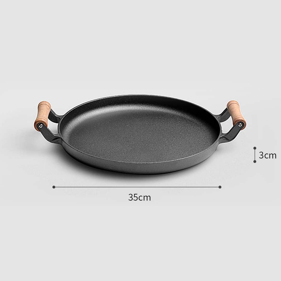 31cm Cast Iron Frying Pan Skillet Steak Sizzle Fry Platter With Wooden Handle No Lid - AllTech