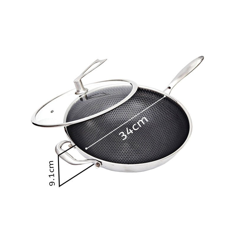 34cm Stainless Steel Tri-Ply Frying Cooking Fry Pan Textured Non Stick Skillet with Glass Lid and Helper Handle - AllTech