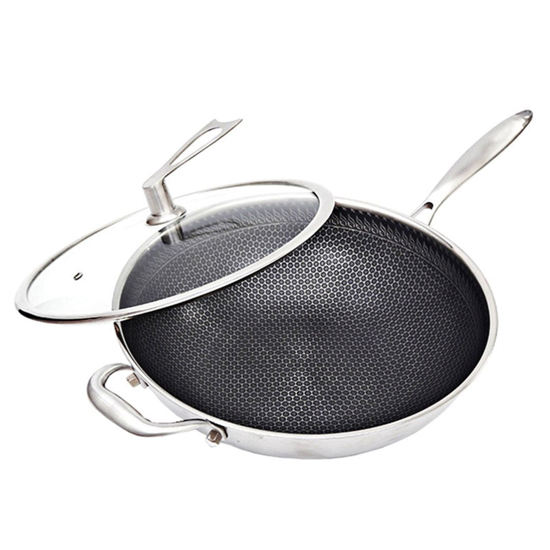 34cm Stainless Steel Tri-Ply Frying Cooking Fry Pan Textured Non Stick Skillet with Glass Lid and Helper Handle - AllTech