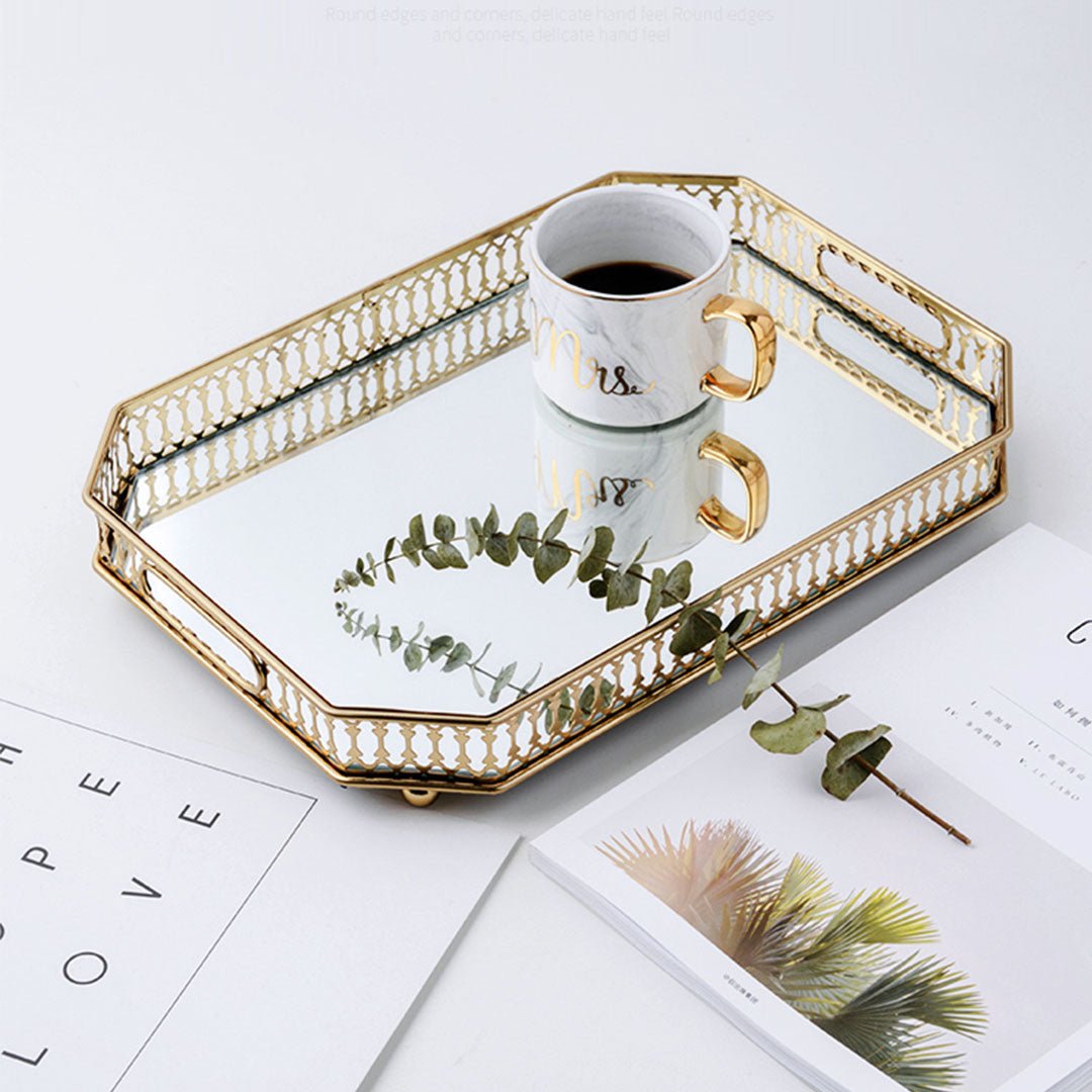 35cm Gold Rectangle Ornate Mirror Glass Metal Tray Vanity Makeup Perfume Jewelry Organiser with Handles - AllTech
