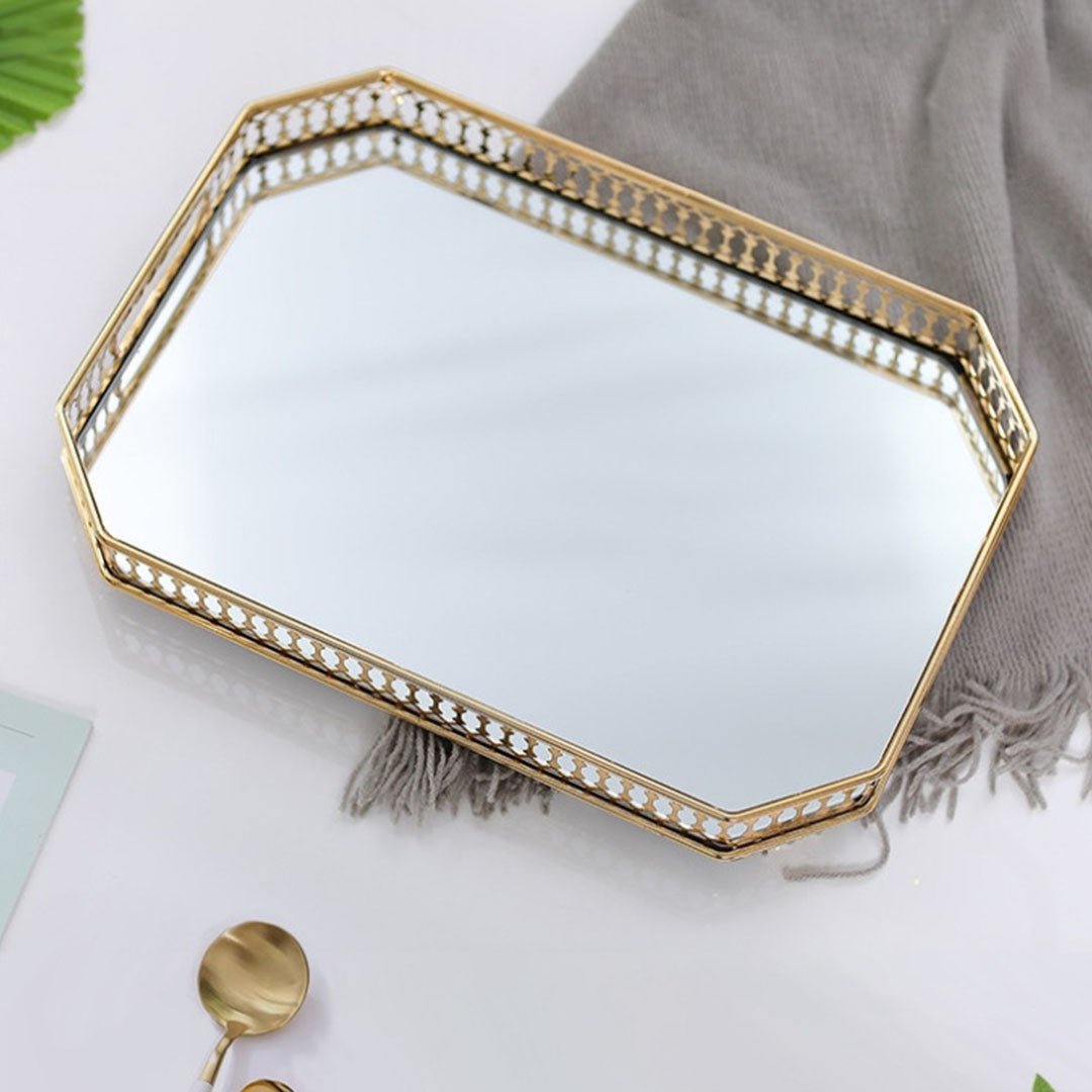 35cm Gold Rectangle Ornate Mirror Glass Metal Tray Vanity Makeup Perfume Jewelry Organiser with Handles - AllTech