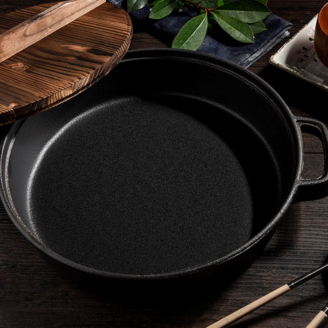 35cm Round Cast Iron Pre-seasoned Deep Baking Pizza Frying Pan Skillet with Wooden Lid - AllTech