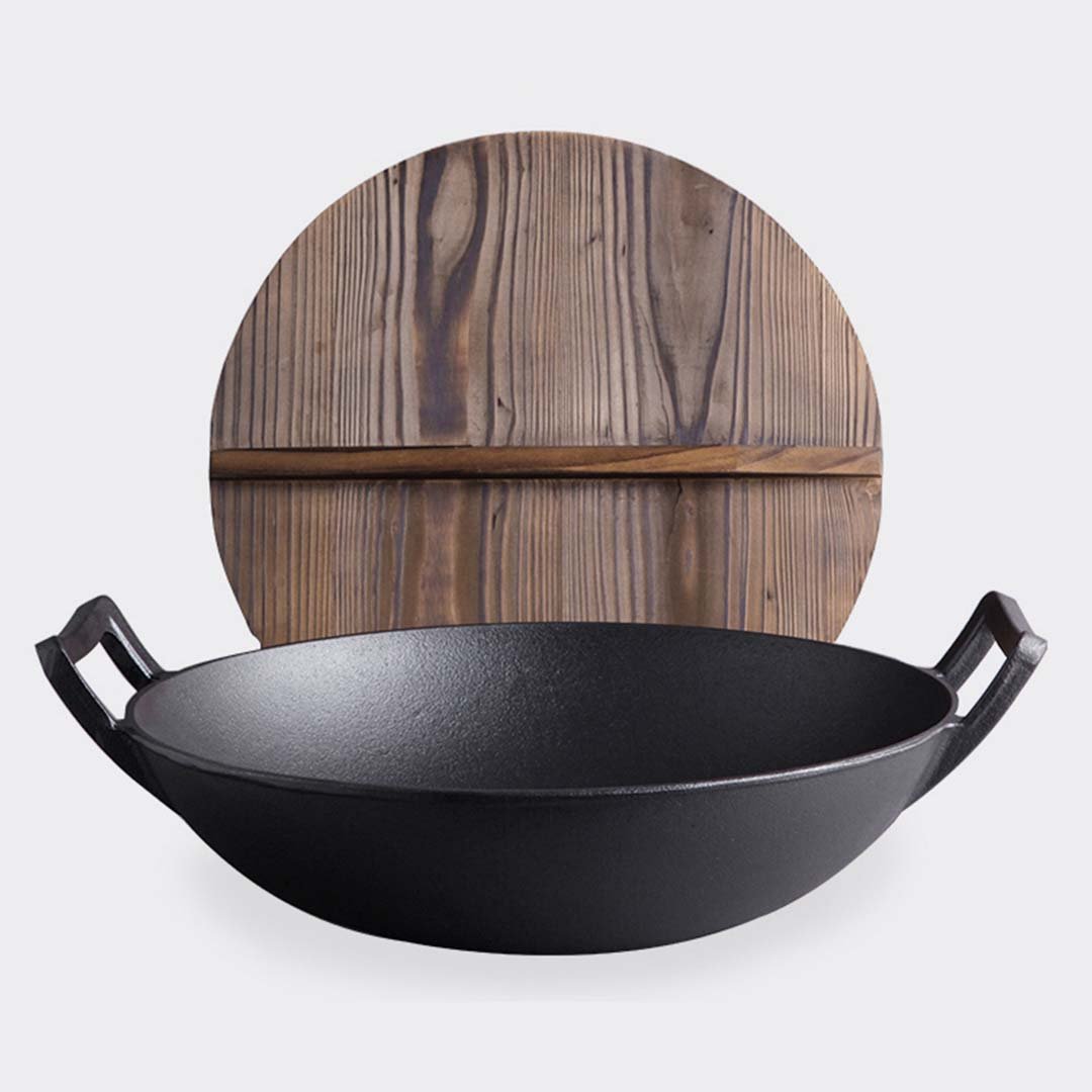 36CM Commercial Cast Iron Wok Fry Pan with Wooden Lid Fry Pan - AllTech