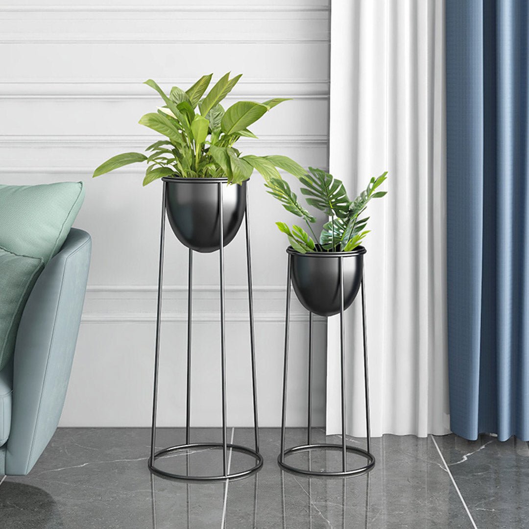 70cm Round Wire Metal Flower Pot Stand with Black Flowerpot Holder Rack Display - AllTech