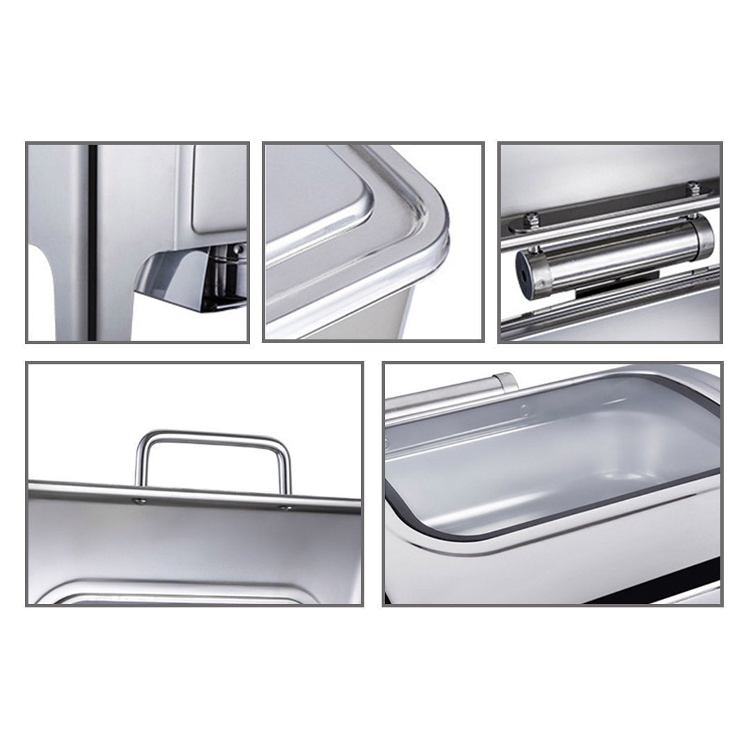 9L Rectangular Stainless Steel Soup Warmer Roll Top Chafer Chafing Dish Set with Glass Visual Window Lid - AllTech
