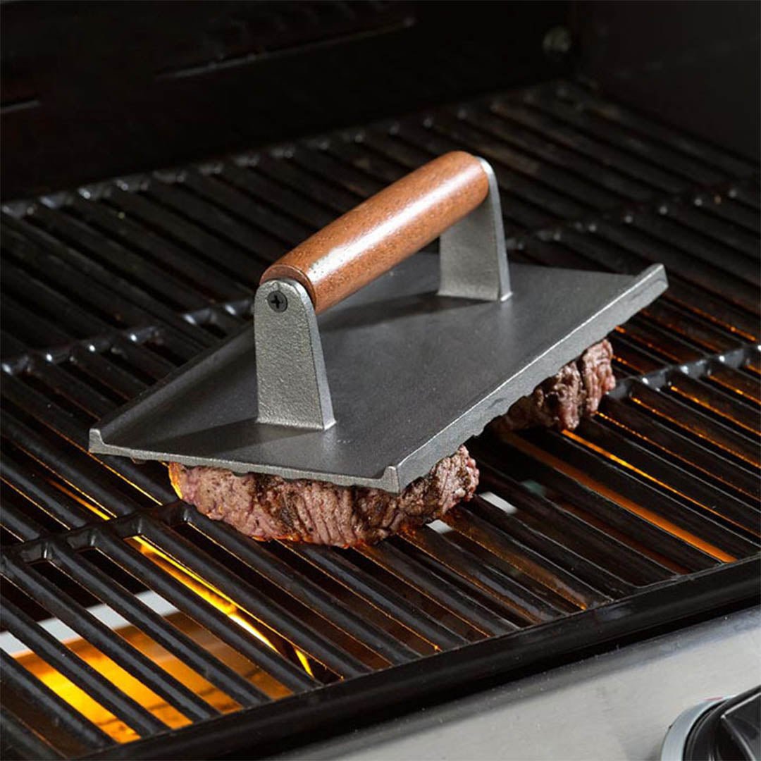 Cast Iron Bacon Meat Steak Press Grill BBQ with Wood Handle Weight Plate - AllTech