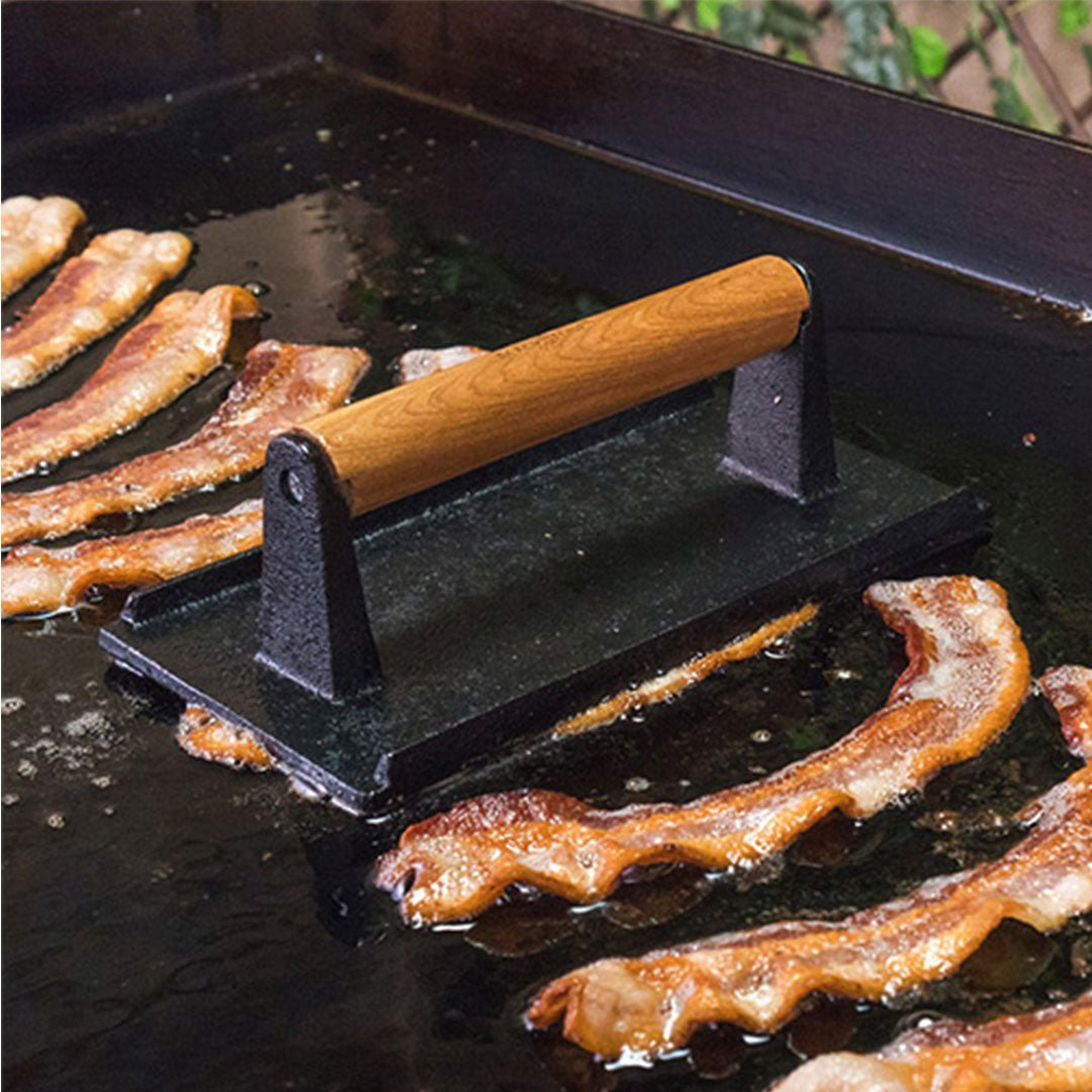 Cast Iron Bacon Meat Steak Press Grill BBQ with Wood Handle Weight Plate - AllTech