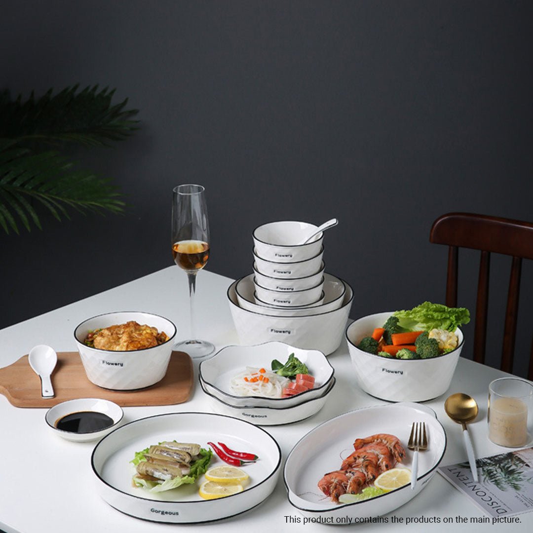 Diamond Pattern Ceramic Dinnerware Crockery Soup Bowl Plate Server Kitchen Home Decor Set of 8 - AllTech