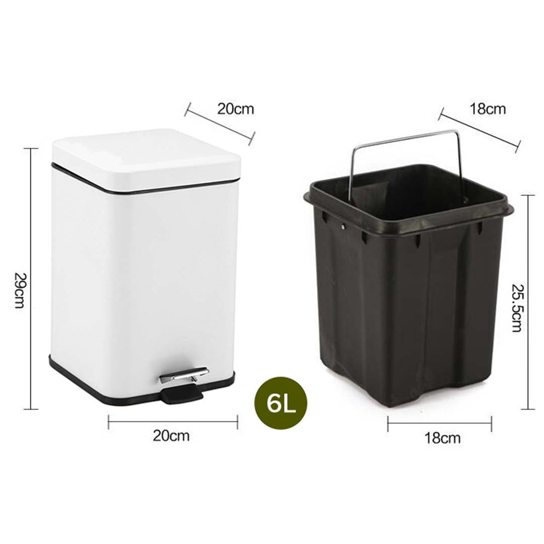 Foot Pedal Stainless Steel Rubbish Recycling Garbage Waste Trash Bin Square 6L White - AllTech