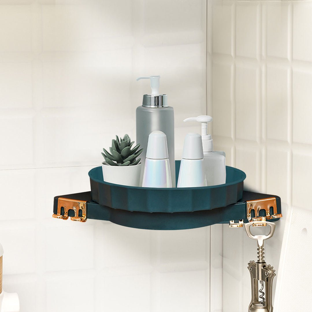 Green 360 Degree Wall-Mounted Rotating Bathroom Organiser Corner Vanity Rack Toilet Adhesive Storage Shelf - AllTech