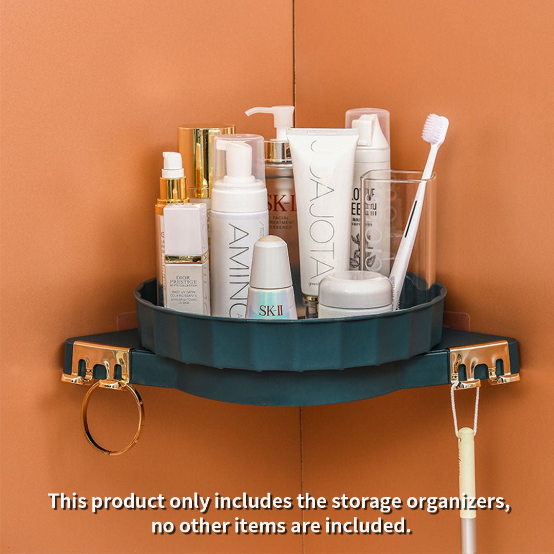 Green 360 Degree Wall-Mounted Rotating Bathroom Organiser Corner Vanity Rack Toilet Adhesive Storage Shelf - AllTech