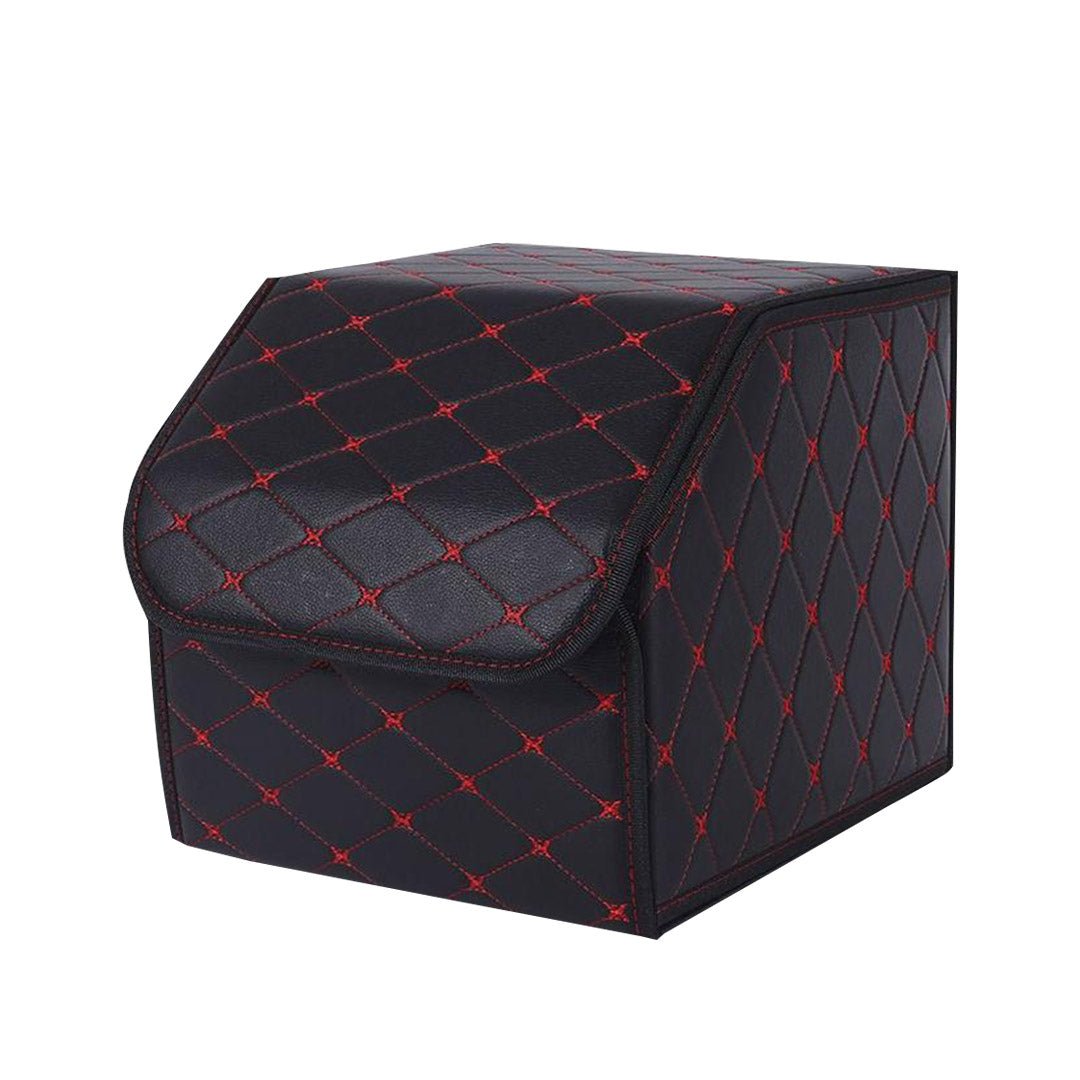 Leather Car Boot Collapsible Foldable Trunk Cargo Organizer Portable Storage Box Black/Red Stitch Small - AllTech