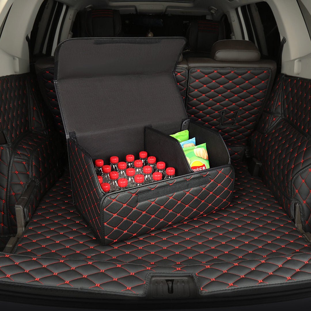 Leather Car Boot Collapsible Foldable Trunk Cargo Organizer Portable Storage Box Black/Red Stitch Small - AllTech