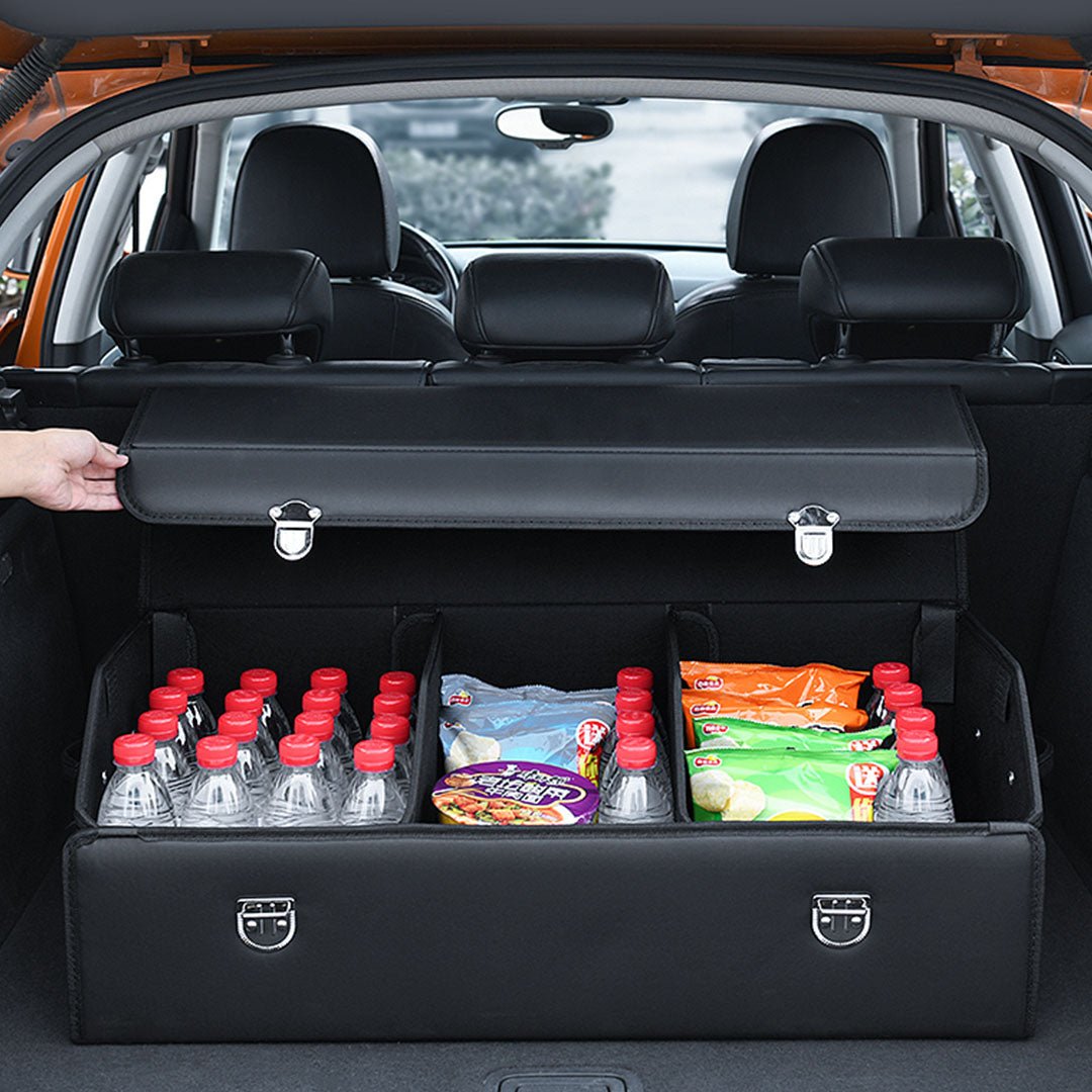 Leather Car Boot Collapsible Foldable Trunk Cargo Organizer Portable Storage Box With Lock Black Large - AllTech