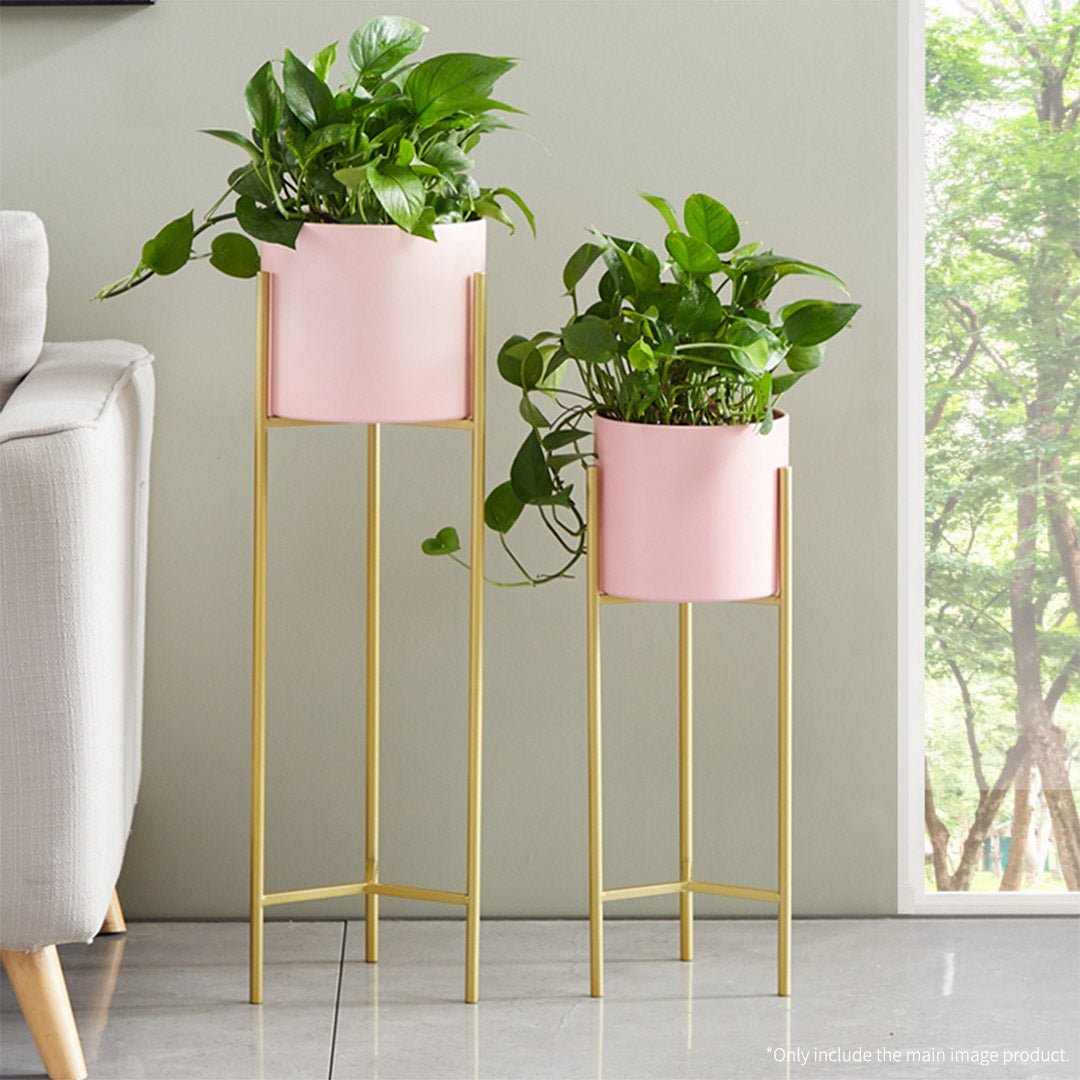 SOGA 2 Layer 42cm Gold Metal Plant Stand with Pink Flower Pot Holder Corner Shelving Rack Indoor Display - AllTech