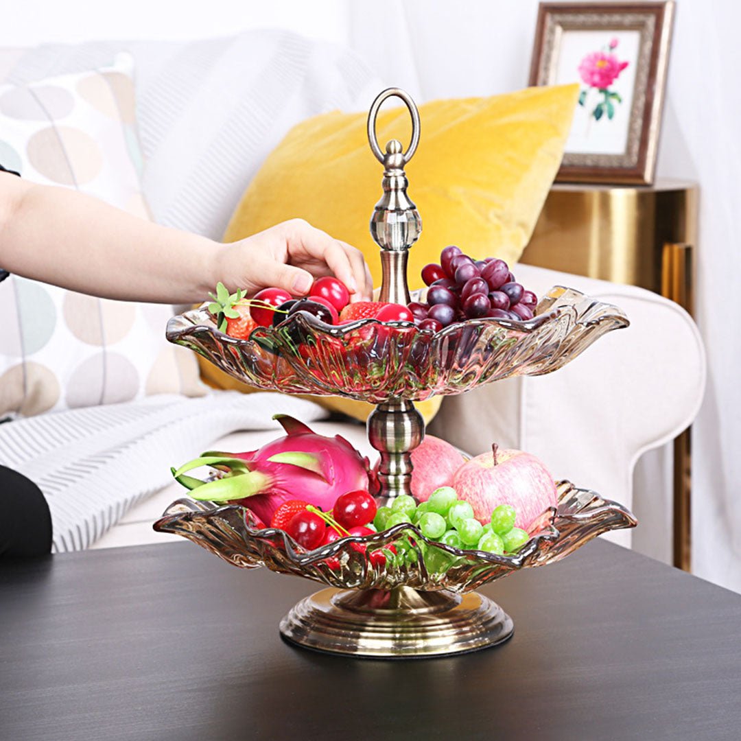 SOGA 2 Tier Bronze Lotus Vertex Crystal Glass Fruit Bowl Candy Holder Countertop Dessert Serving Basket Decor - AllTech
