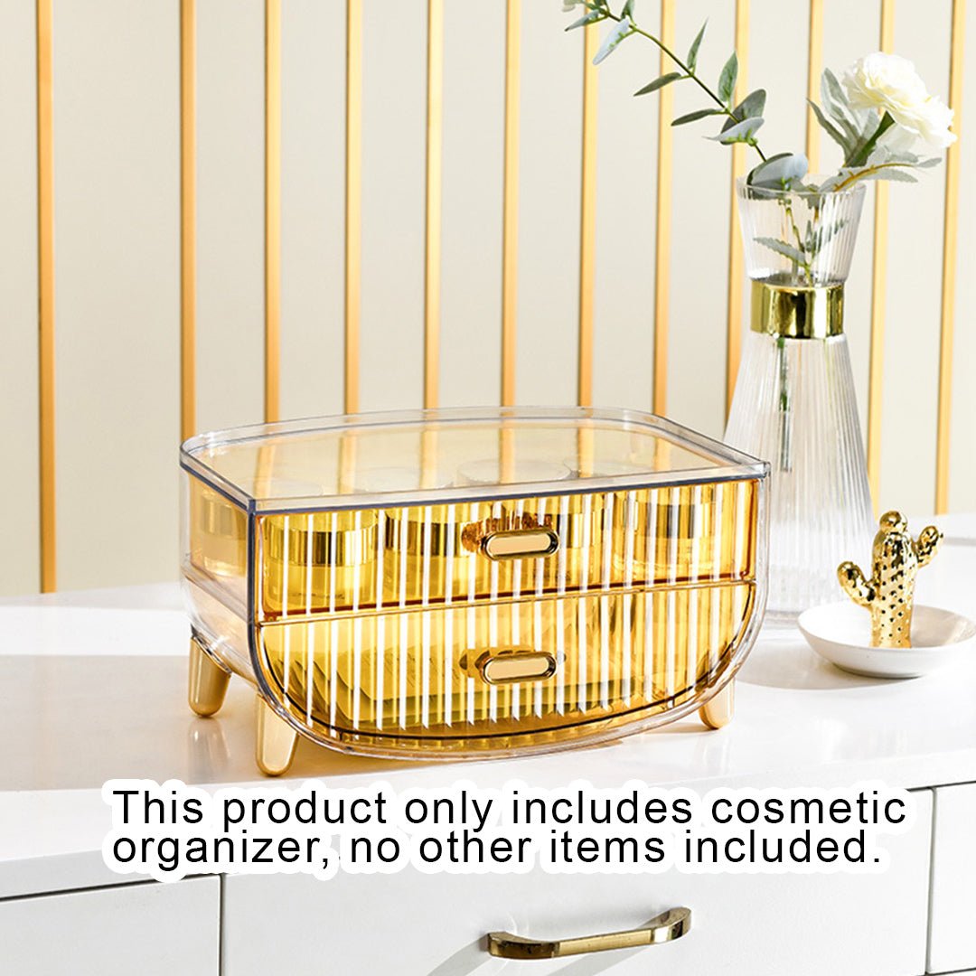 2 Tier Golden Yellow Multifunctional Countertop Cosmetic Storage Makeup Jewelry Cabinet Bathroom Desk Drawer Vanity Organizer