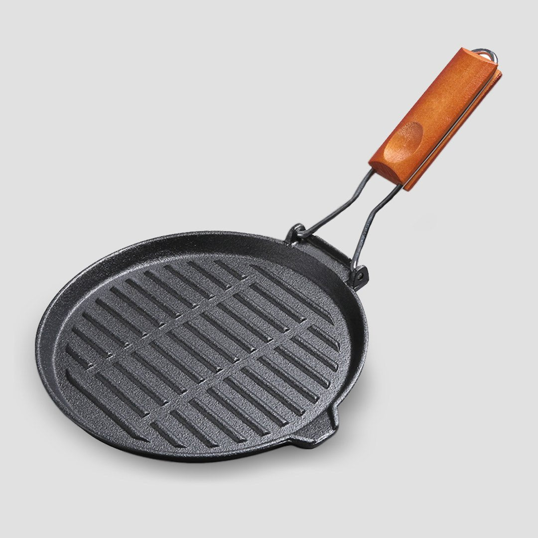 SOGA 24cm Round Ribbed Cast Iron Steak Frying Grill Skillet Pan with Folding Wooden Handle - AllTech