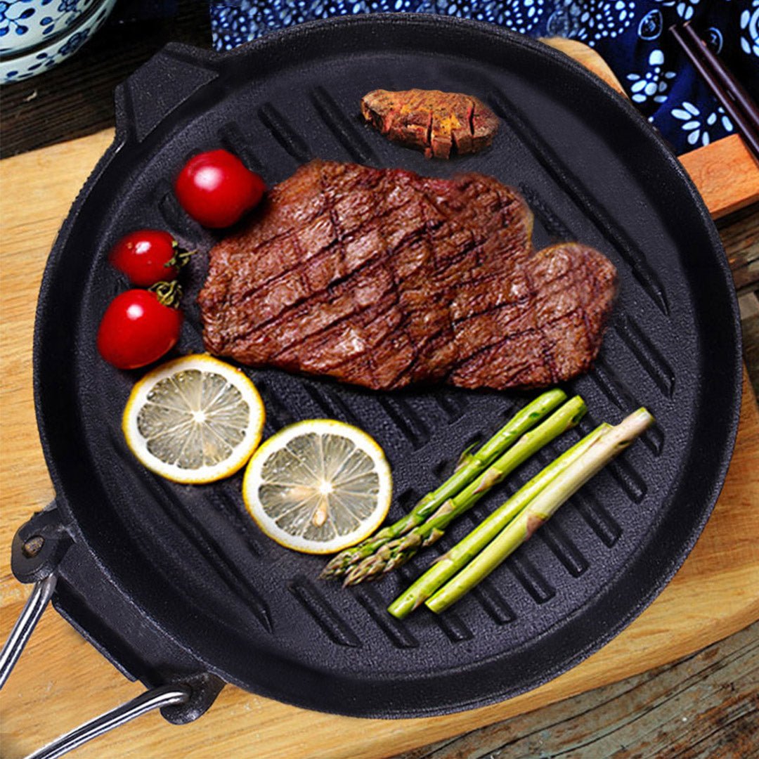 SOGA 24cm Round Ribbed Cast Iron Steak Frying Grill Skillet Pan with Folding Wooden Handle - AllTech