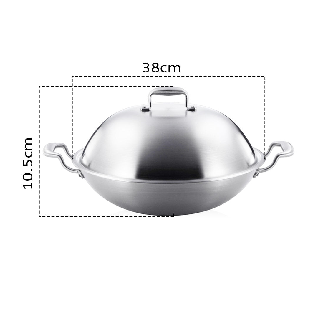 SOGA 3-Ply 38cm Stainless Steel Double Handle Wok Frying Fry Pan Skillet with Lid - AllTech
