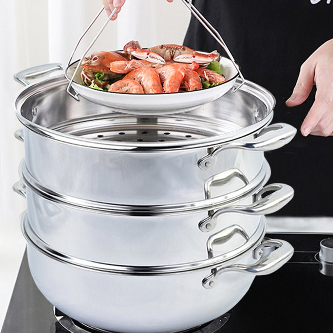 SOGA 3 Tier 28cm Heavy Duty Stainless Steel Food Steamer Vegetable Pot Stackable Pan Insert with Glass Lid - AllTech