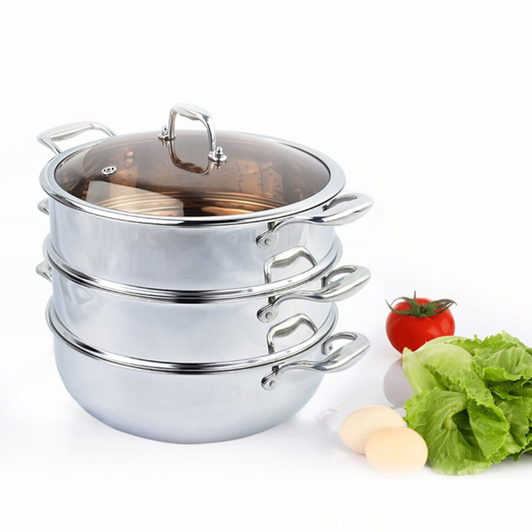 SOGA 3 Tier 28cm Heavy Duty Stainless Steel Food Steamer Vegetable Pot Stackable Pan Insert with Glass Lid - AllTech