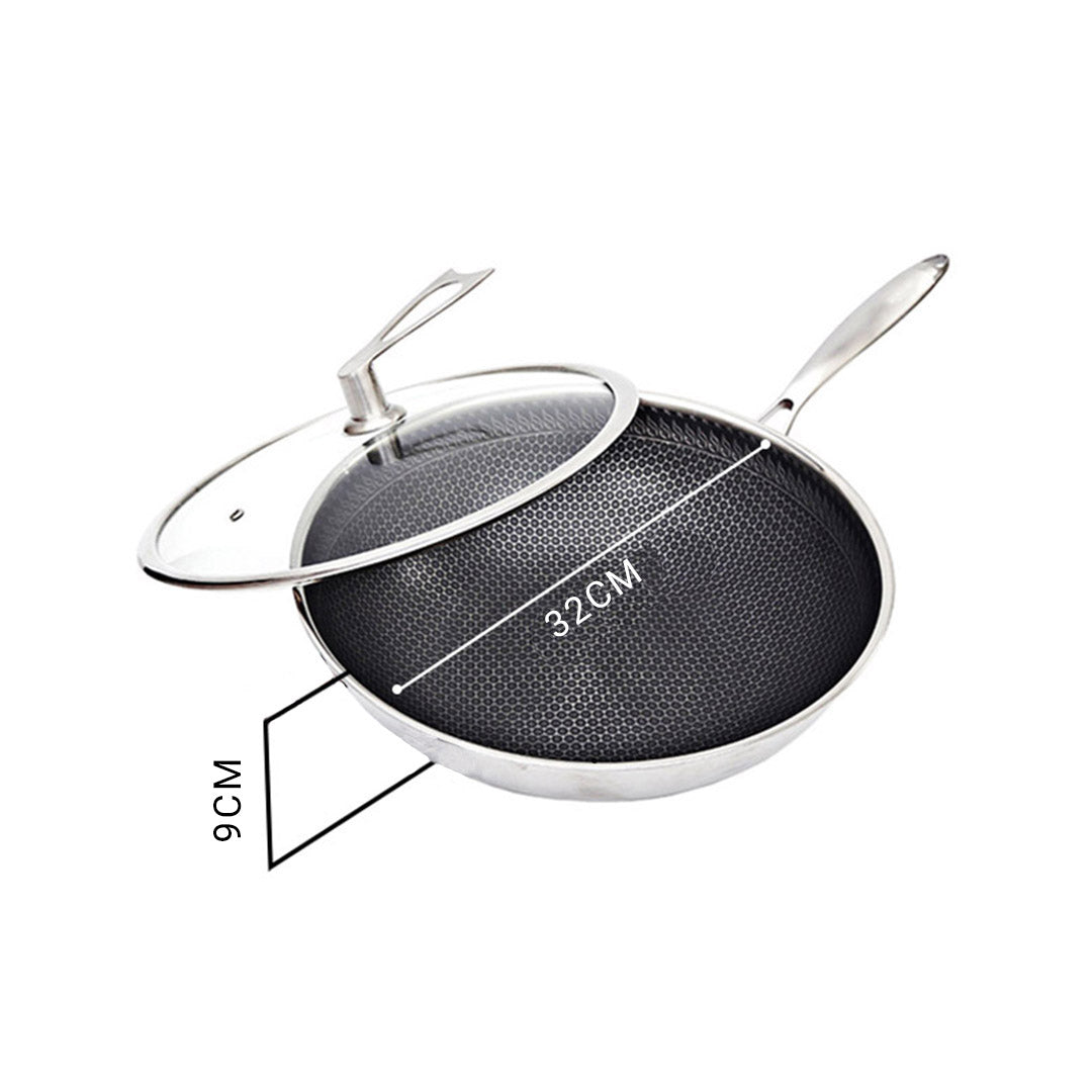 SOGA 32cm Stainless Steel Tri-Ply Frying Cooking Fry Pan Textured Non Stick Interior Skillet with Glass Lid - AllTech