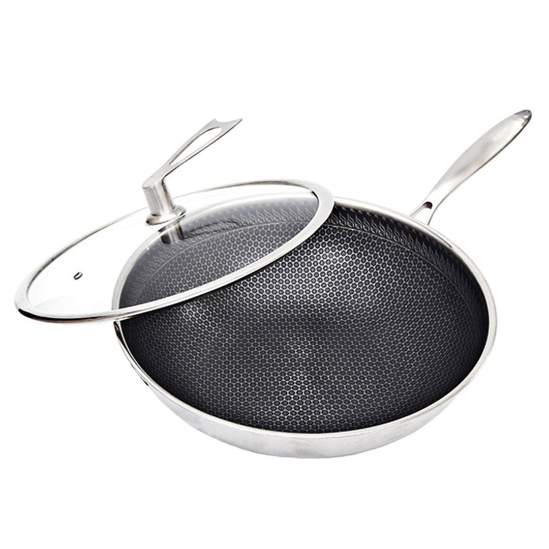 SOGA 32cm Stainless Steel Tri-Ply Frying Cooking Fry Pan Textured Non Stick Interior Skillet with Glass Lid - AllTech