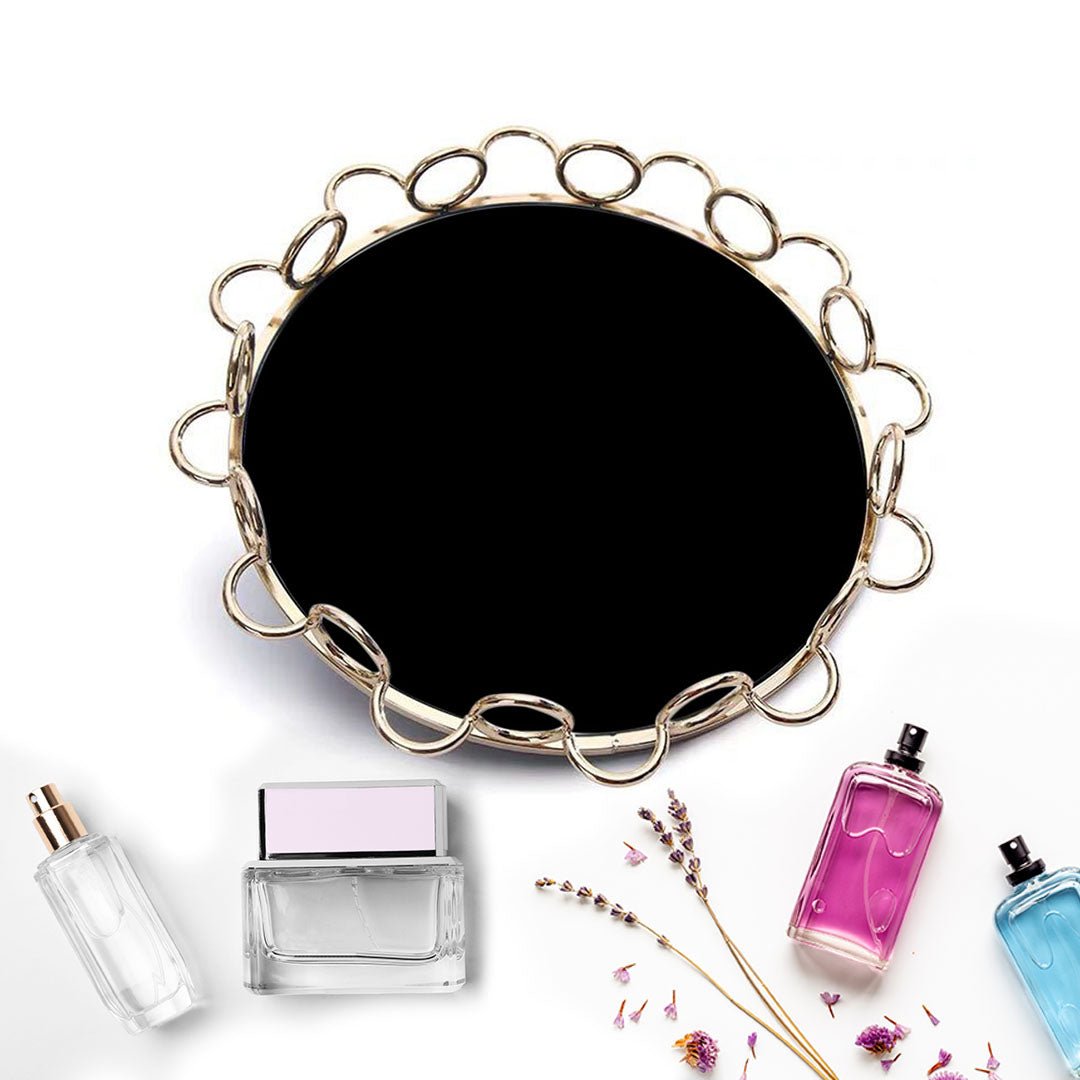 38cm Black Round Mirror Glass Metal Tray Vanity Makeup Perfume Jewelry Organizer with Bronze Metal Frame Handles - AllTech