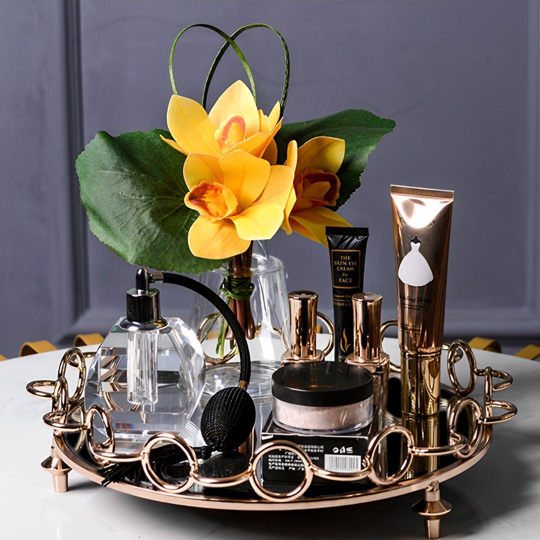 38cm Black Round Mirror Glass Metal Tray Vanity Makeup Perfume Jewelry Organizer with Bronze Metal Frame Handles - AllTech