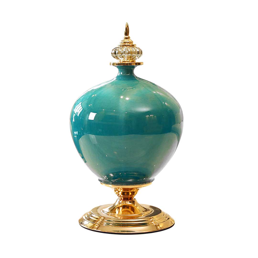 SOGA 38cm Ceramic Oval Flower Vase with Gold Metal Base Green - AllTech