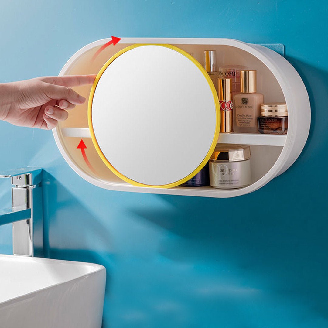 SOGA 39cm Oval Wall-Mounted Mirror Storage Box Vanity Mirror Rack Bathroom Adhesive Shelf Home Organiser Decor - AllTech