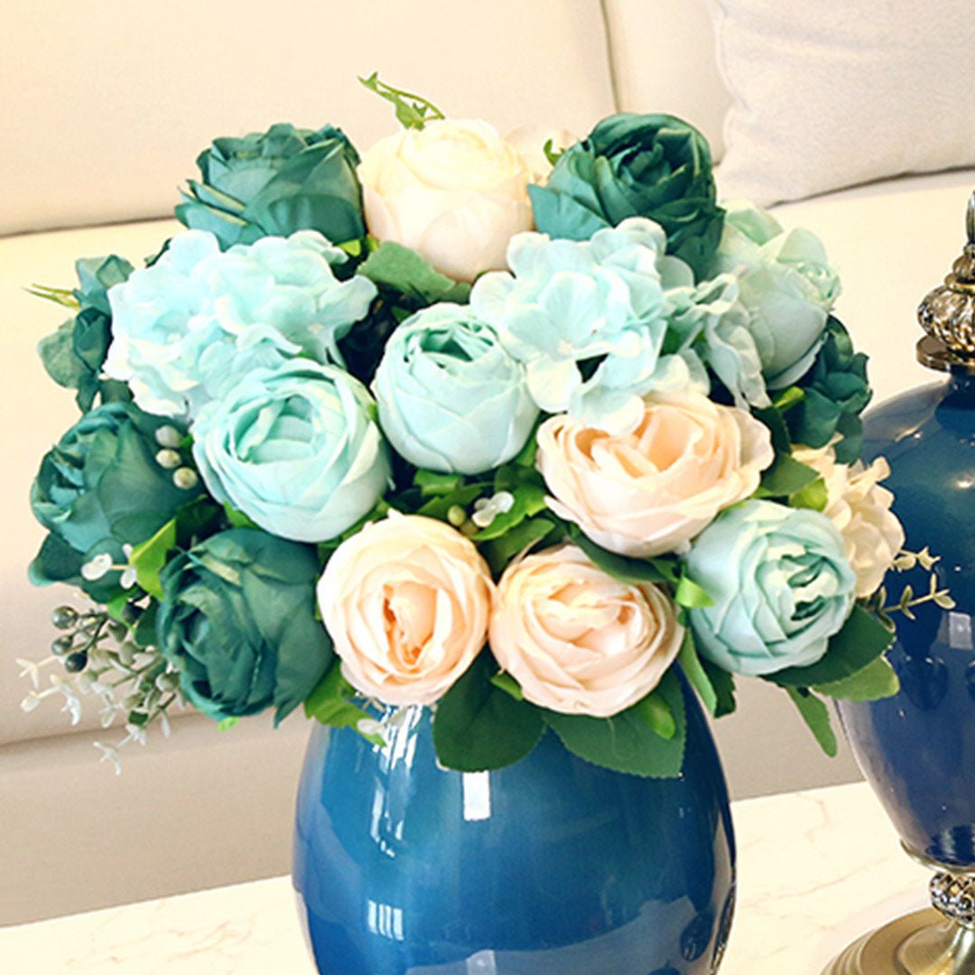SOGA 3pcs Artificial Silk with 15 Heads Flower Fake Rose Bouquet Table Decor Blue - AllTech