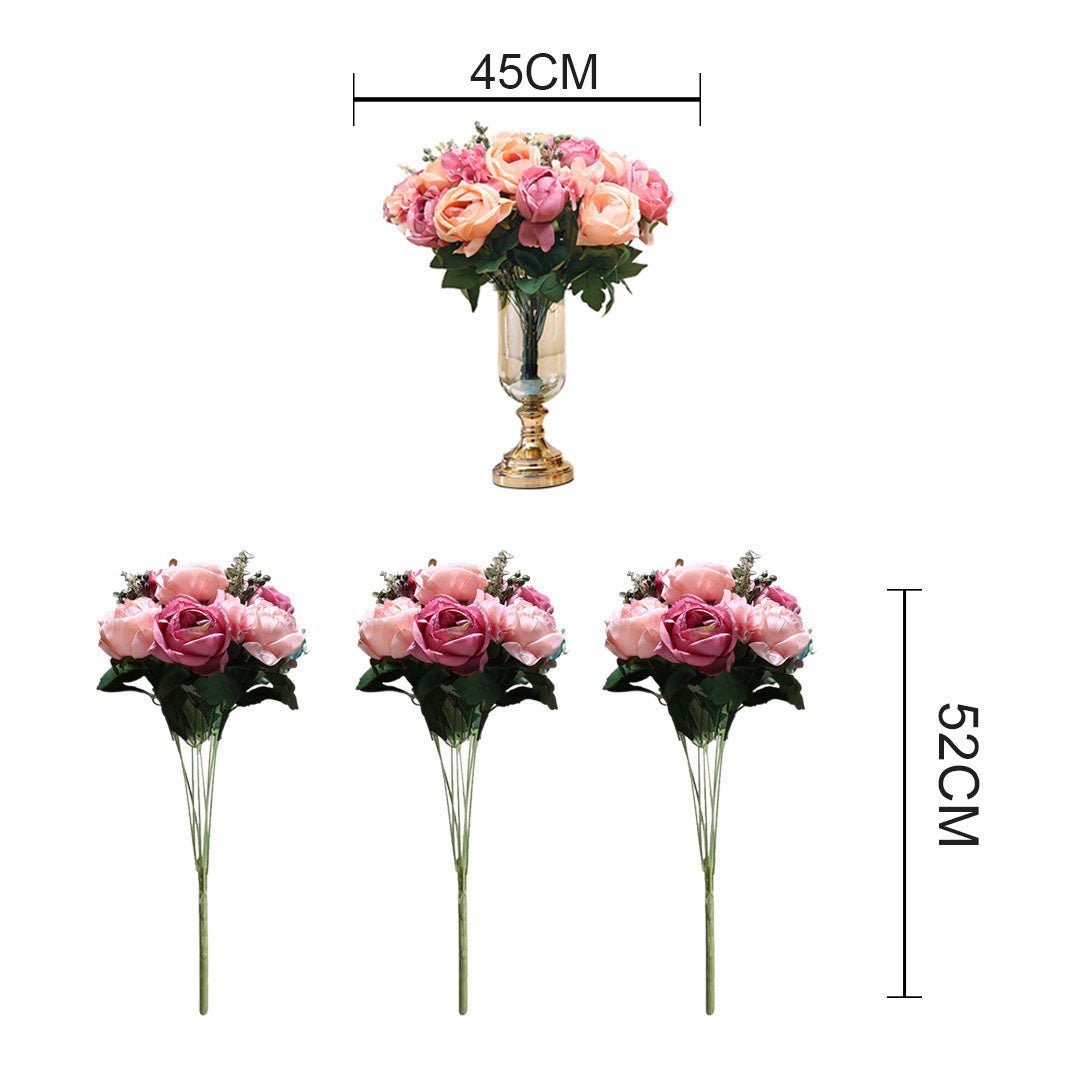 SOGA 3pcs Artificial Silk with 15 Heads Flower Fake Rose Bouquet Table Decor Pink - AllTech
