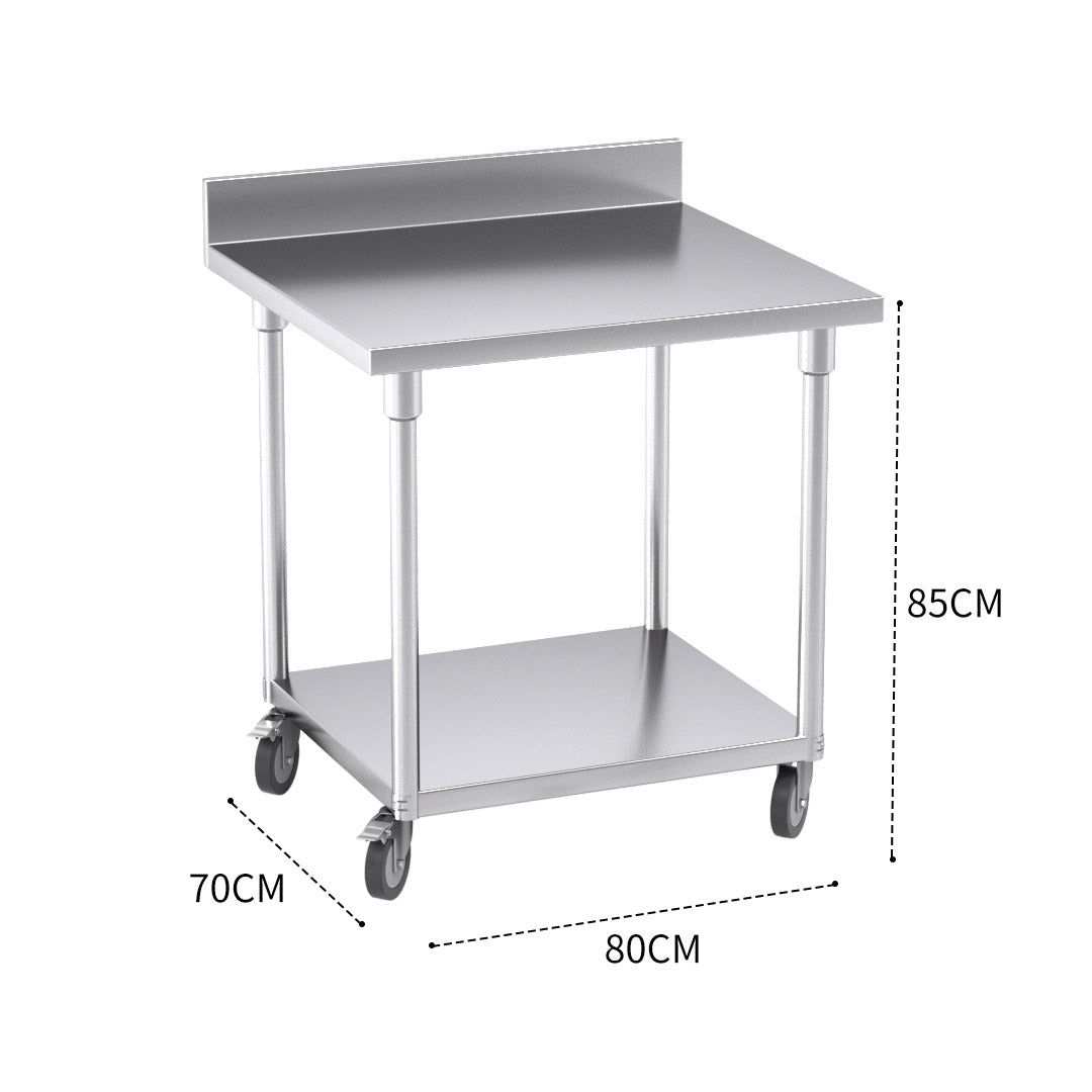SOGA 80cm Commercial Catering Kitchen Stainless Steel Prep Work Bench Table with Backsplash and Caster Wheels - AllTech