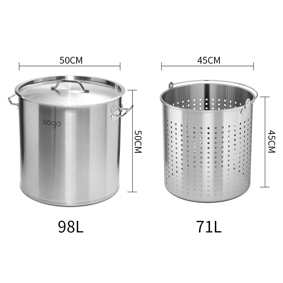 SOGA 98L 18/10 Stainless Steel Stockpot with Perforated Stock pot Basket Pasta Strainer - AllTech