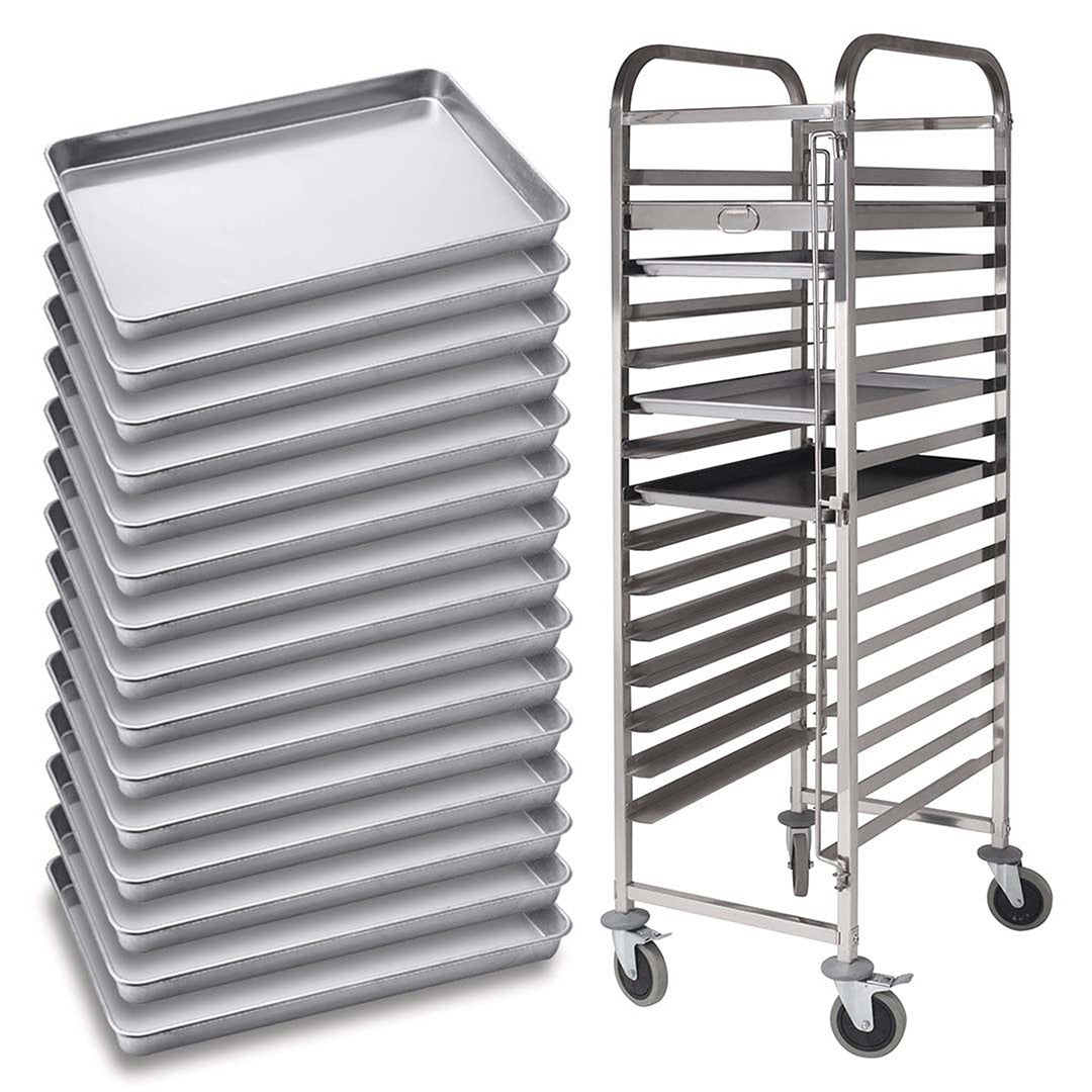 SOGA Gastronorm Trolley 15 Tier Stainless Steel with 60*40*5cm Aluminum Baking Pan Cooking Tray for Bakers - AllTech