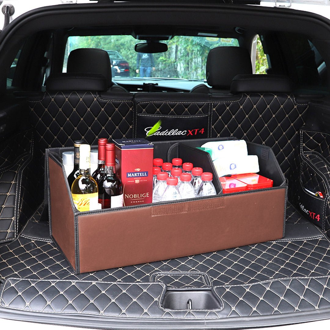 Leather Car Boot Collapsible Foldable Trunk Cargo Organizer Portable Storage Box Coffee Large - AllTech