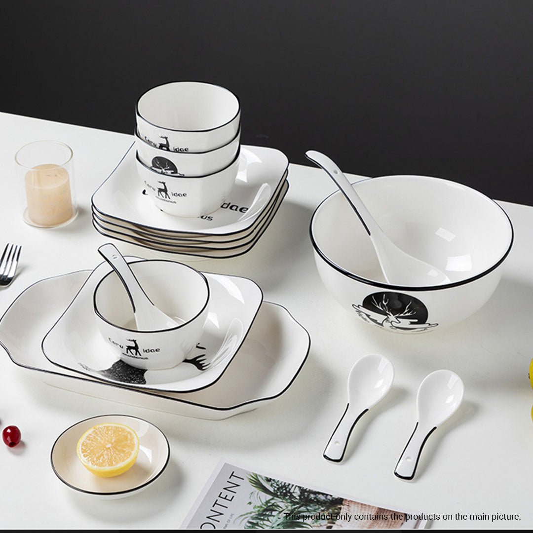White Antler Printed Ceramic Dinnerware Set Crockery Soup Bowl Plate Server Kitchen Home Decor Set of 13 - AllTech