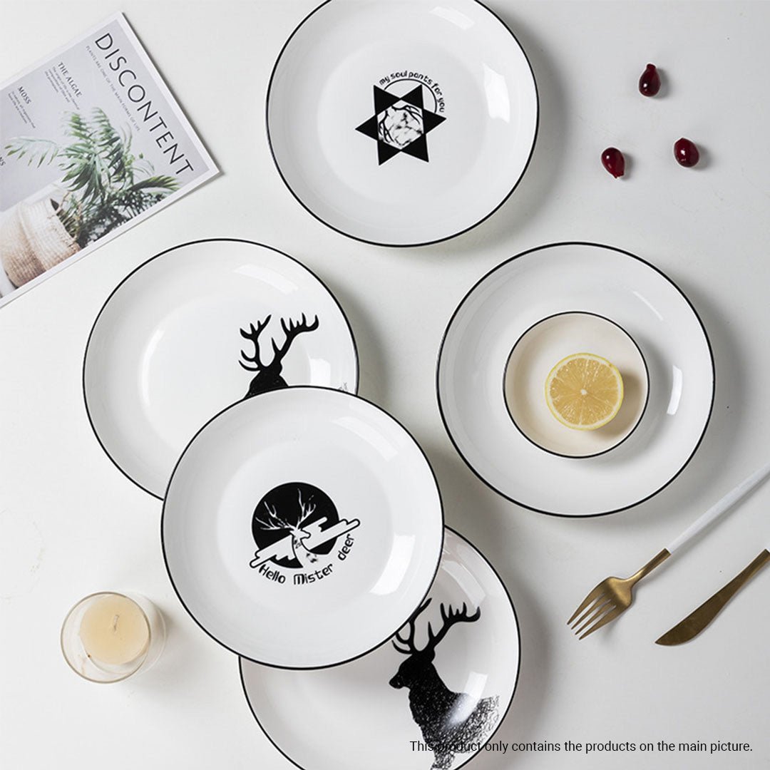 White Antler Printed Ceramic Dinnerware Set Crockery Soup Bowl Plate Server Kitchen Home Decor Set of 13 - AllTech